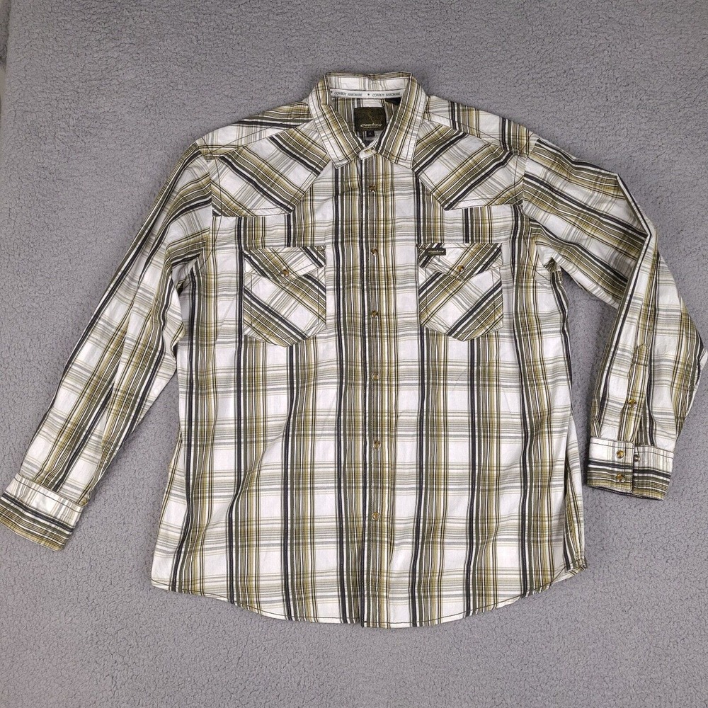 Cowboy Hardware‎ Shirt Mens XL White Plaid Pearl Snap Western Button Cotton